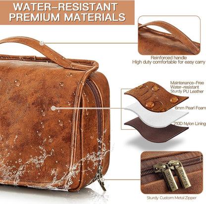 Elviros Hanging Toiletry Bag for Men Travel Essentials 3-in-1 Large Waterproof Dopp Kit PU Leather Shaving Bag with Separate Compartments for Grooming and Toiletries Mens Gift