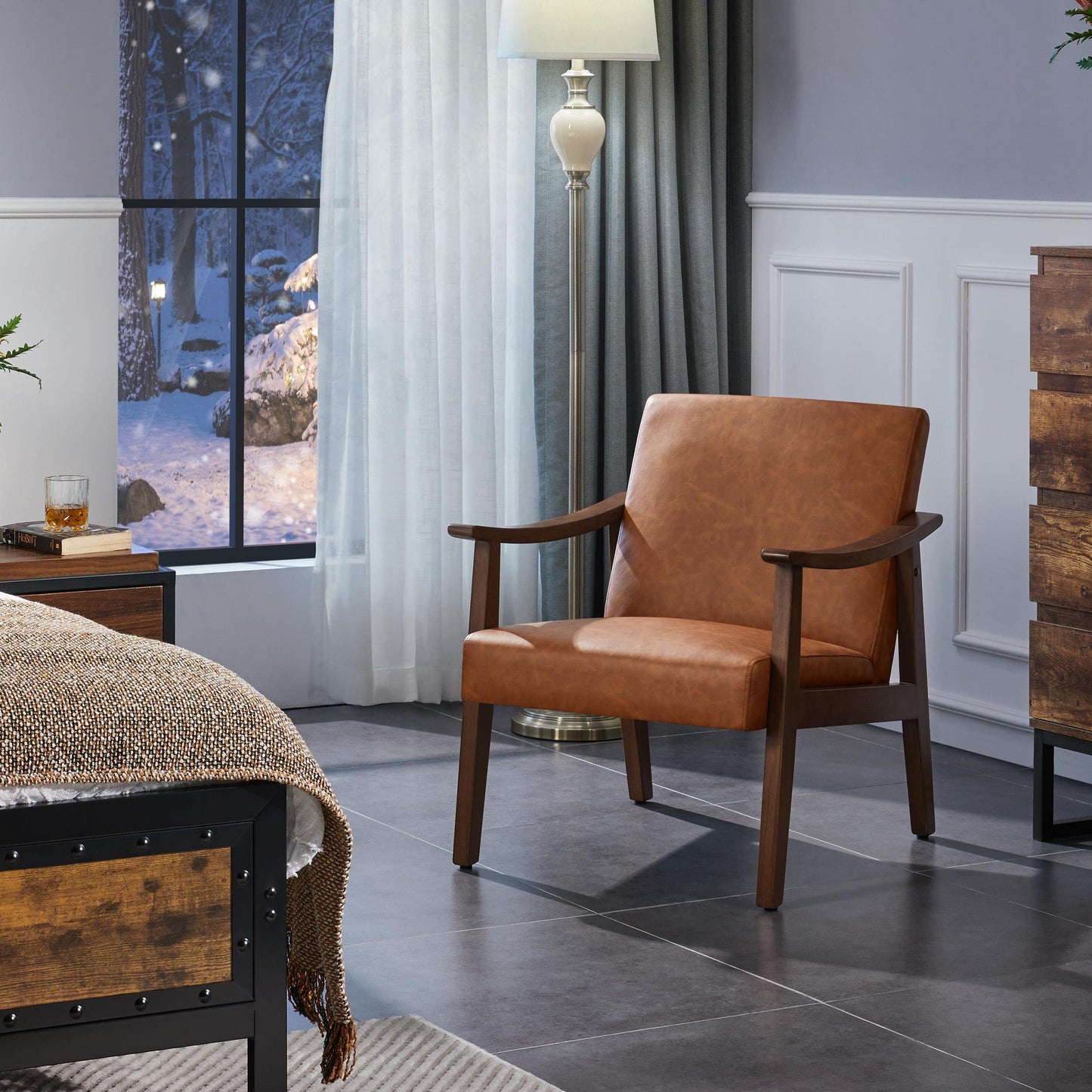 Yaheetech PU Leather Accent Chair, Mid-Century Modern Armchair with Solid Wood Legs, Reading Leisure Chair with High Back for Living Room Bedroom Waiting Room, Brown