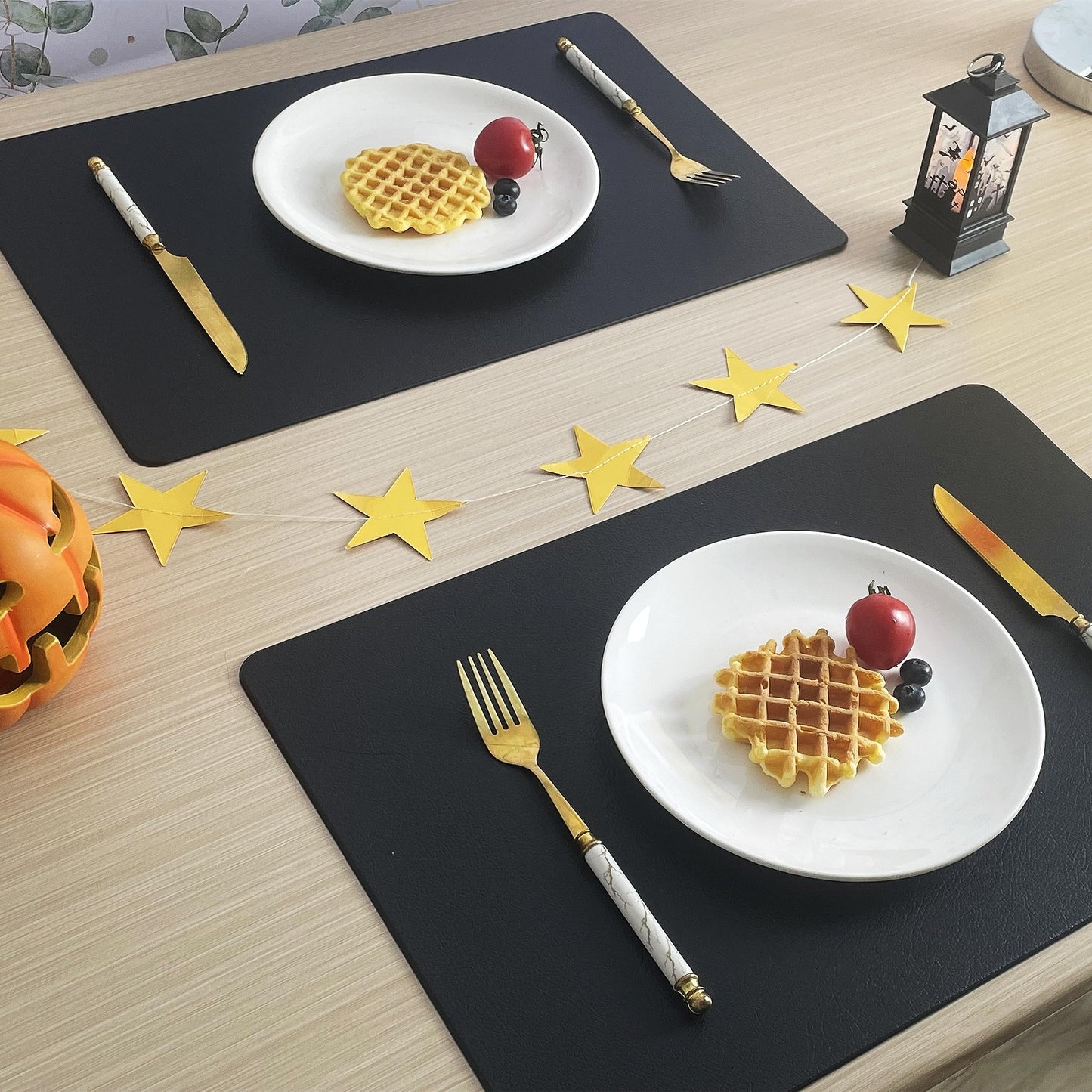 Faux Leather Halloween Placemats HeloHo Black Table Place Mats Set of 6 Waterproof Oilproof Heat Stain Resistant Placemats Washable Wipeable Placemat for Kitchen Dining Table Decoration Indoor Outdoor