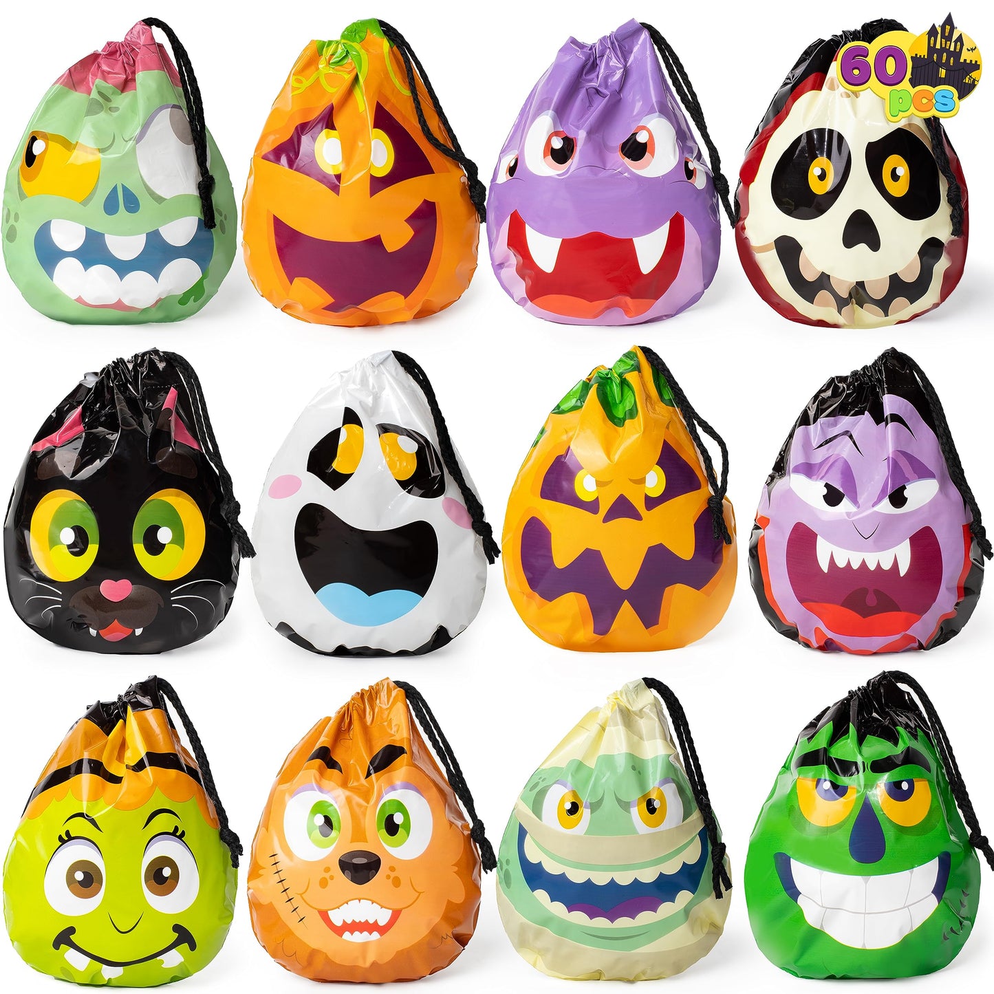 JOYIN 60PCS Halloween Drawstring Treat Bags, Trick or Treating Goodie Candy Small Plastic Gifts Bags Bulk in 12 Cute Monster Designs, Kids Halloween Party Favors Supplies