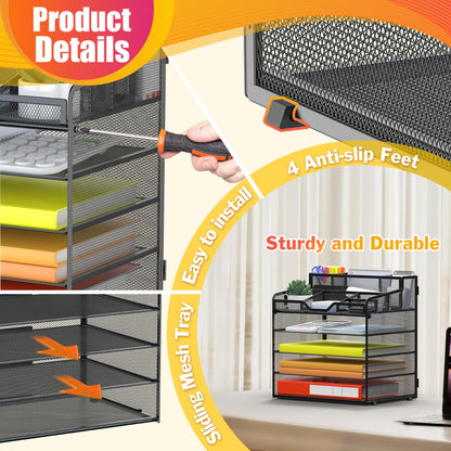 Docnest Multi-Functional Desk Organizer Tray, 5 Tier Paper Letter Tray Organizer with 3 Pen Holder, Mesh Desktop Storage with 5 Adjustable Compartments for Office Supplies-Black