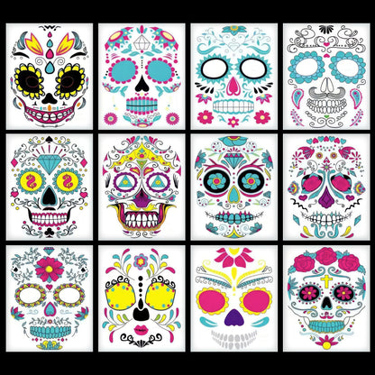 12 PCS Day of the Dead Costume Tattoos for Halloween - Temporary Sugar Skull Face Stickers for Makeup, Masquerade, Parties. Halloween tattoos, Face & Body Tattoos for Events. Day of the Dead Tattoos