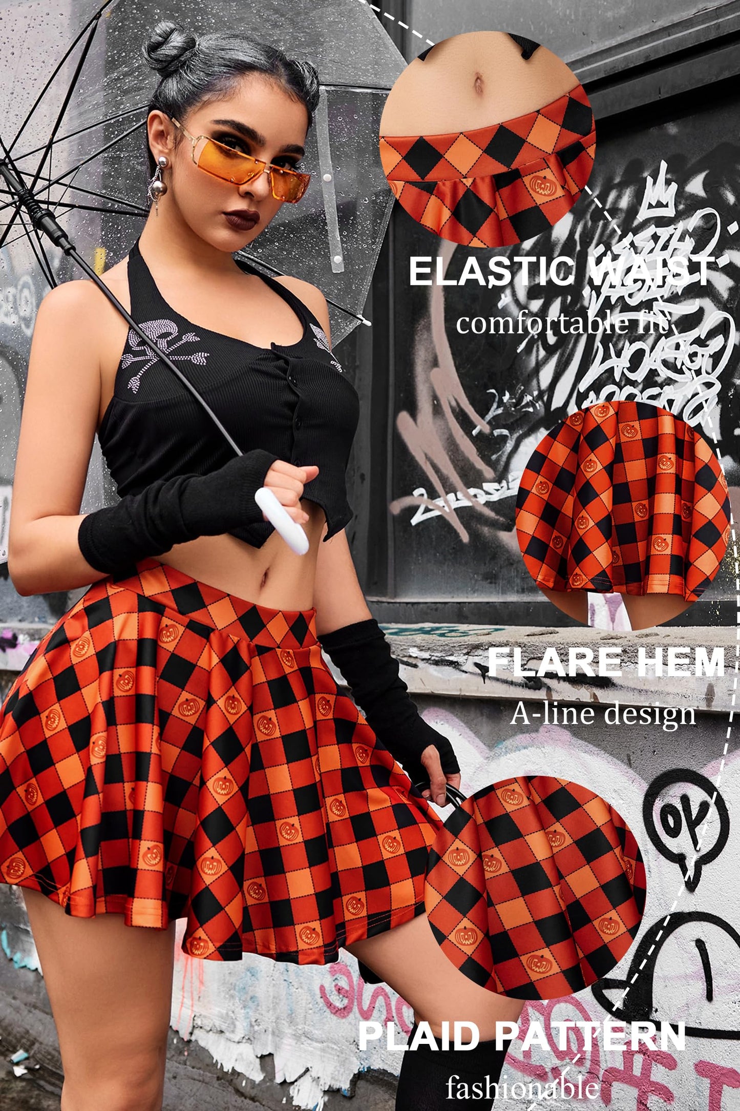 Avidlove Halloween Skirt for Women Pleated Skirt Cosplay Costume A Line Mini Short Skirt (Pumpkin Plaid, X-Large)
