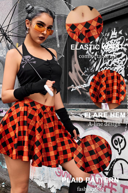 Avidlove Halloween Skirt for Women Pleated Skirt Cosplay Costume A Line Mini Short Skirt (Pumpkin Plaid, X-Large)