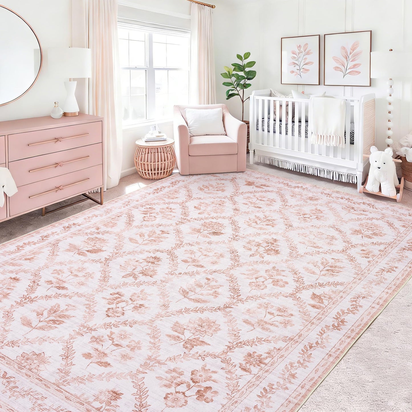 Pink Rugs for Bedroom Boho Light Blush Pink Floral Area Rugs Nursery for Baby Girl, Cute Foldable Machine Washable Distressed Carpet for Living Room Bedroom Dorm Kids Playroom 5x7