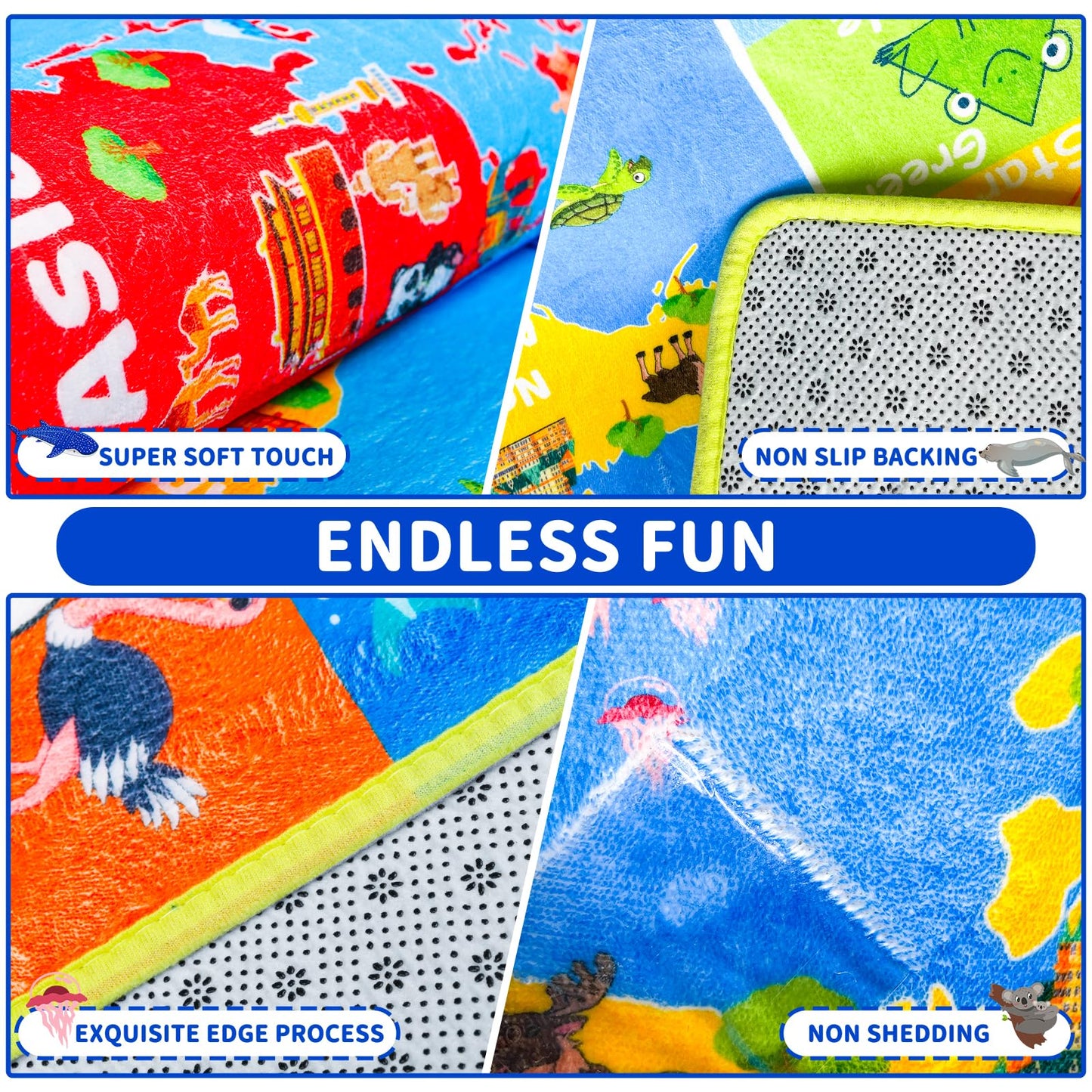 Large Educational Kids Learning Rug with World Map & ABC Alphabet, Interactive Geography Play Carpet for Preschool Classroom Nursery & Homeschool, Non-Slip Activity Rug, 6'7" x 9'2"