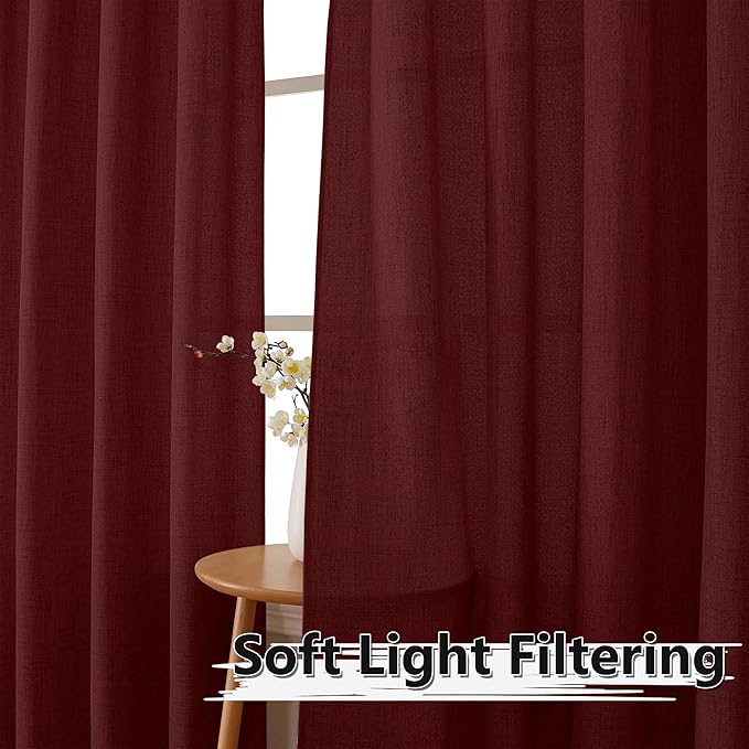 Tollpiz Linen Curtain Bedroom Rod Pocket Semi Sheer Curtains Burlap Light Filtering Thick Linen Drape for Living Room, 38 x 84 inches Long, Burgundy Red, Set of 2 Panels