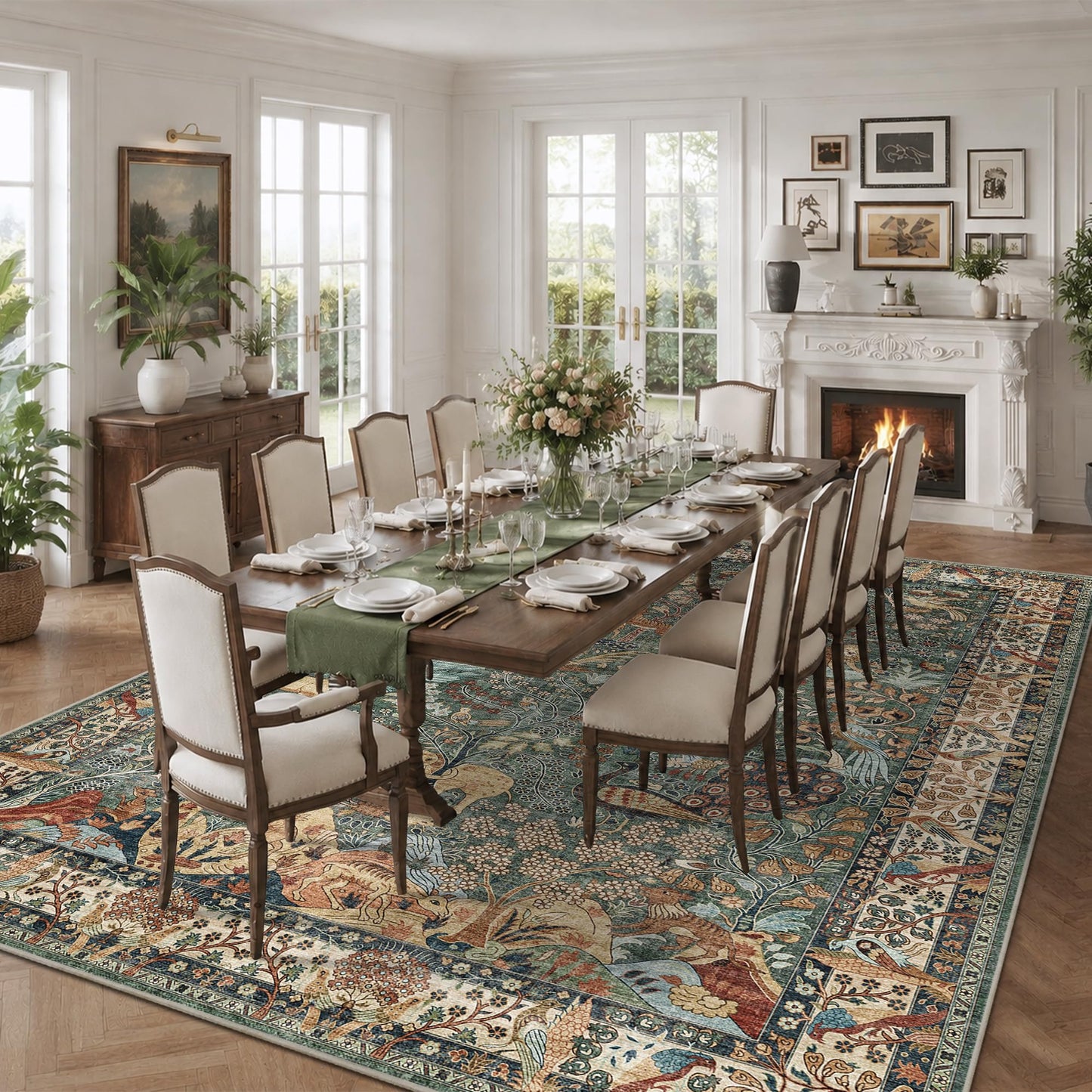 8x10 Green Boho Area Rug, Vintage Jungle Animal Print Large Washable Rug, Non Slip Low Pile Stain Resistant Carpet, Large Floor Rug for Living Room Farmhouse Dining Room Kids Playroom