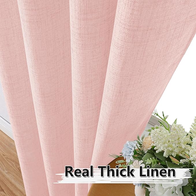 Tollpiz Short Linen Curtains Living Room Rod Pocket Semi Sheer Curtain Burlap Light Filtering Thick Linen Drapes for Bedroom, 54 x 54 inches Long, Pink, Set of 2 Panels