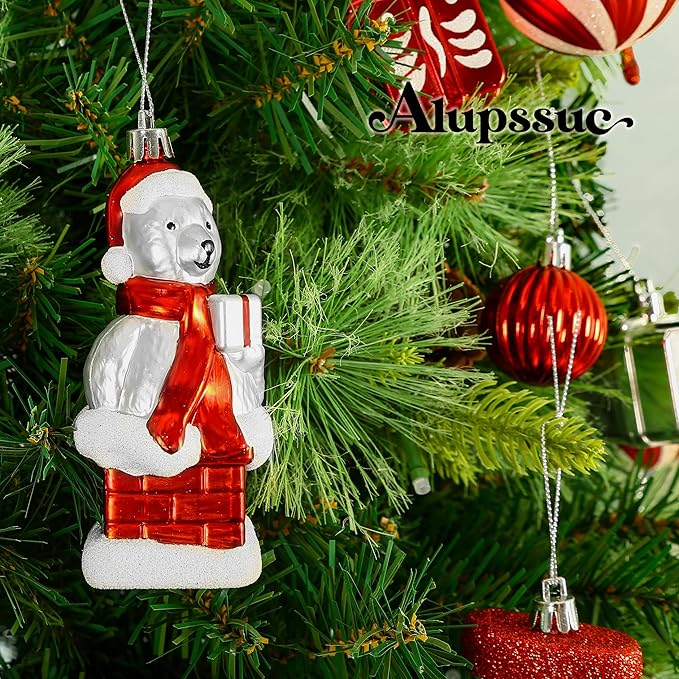 Alupssuc 112pcs Christmas Balls Ornaments Set, Shatterproof Plastic Baubles Christmas Penguin, Polar Bear for Xmas Tree Holiday Wedding Party Decorations with Hanging Strings, Red, Silver and White