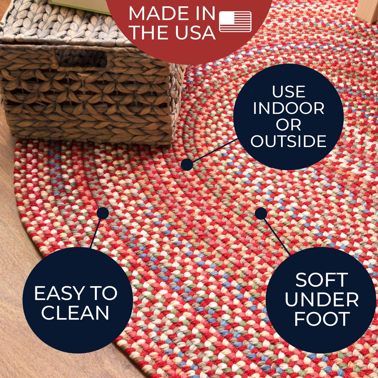 Super Area Rugs Roxbury American Made Braided Rug for Indoor Outdoor Spaces, Red/Natural Multi, 2' X 3' Oval