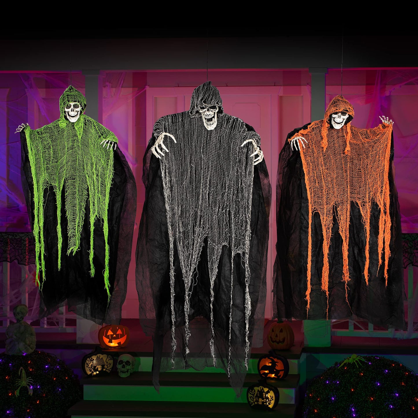 JOYIN Halloween Hanging Grim Reapers (3 Pack), One 47” and Two 35” Grim Reapers, Halloween Skeleton Flying Ghost for Haunted House Prop Décor, Outdoor Indoor Decor