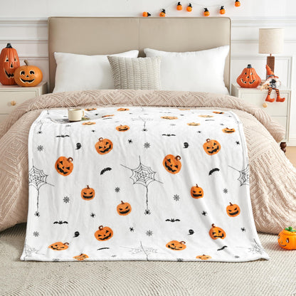 Edenleaf Soft Cozy Halloween Blanket, Spooky Pumpkin Bat Spider Webs Print White Throws for Couch Bed Home Decoration Gifts, Fuzzy Fleece Halloween Throw Blanket for Kids Adults 50"x60" (White)