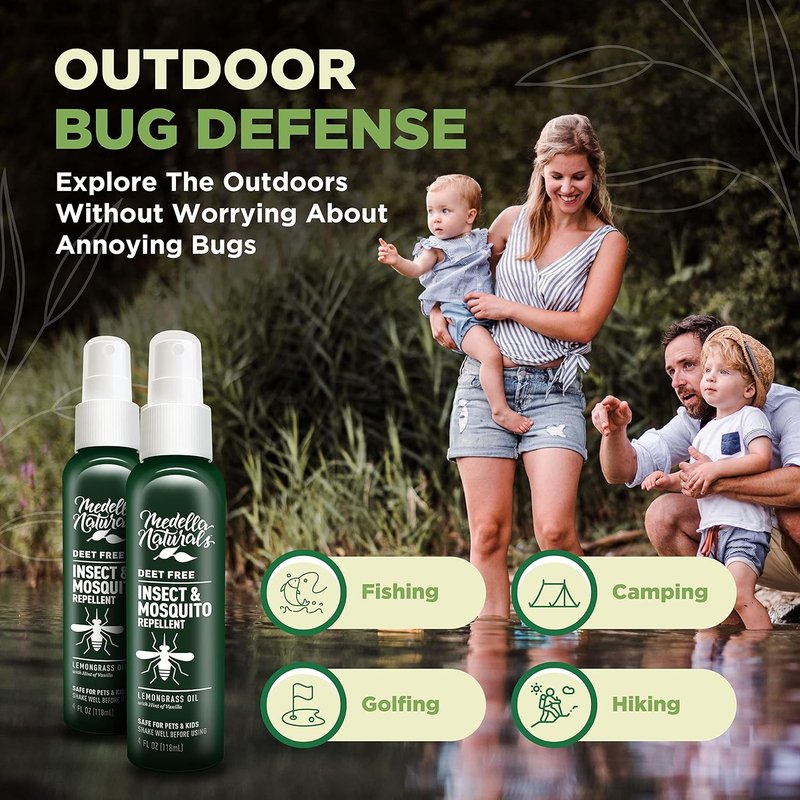 Deet-Free Insect & Mosquito Repellent | Natural Lemongrass Oil Spray - Safe for Kids & Pets, 4 oz (Pack of 2)