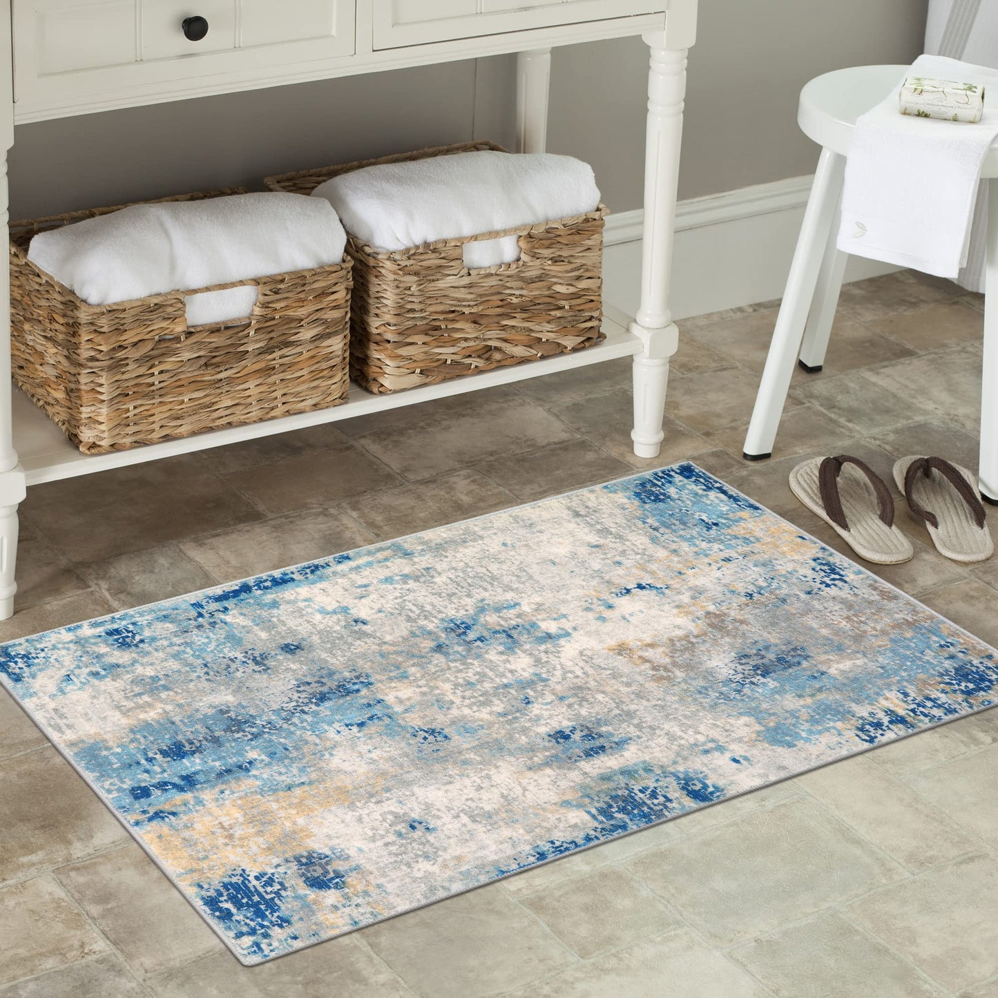Lahome Modern Abstract Kitchen Rug - 2x3 Washable Small Front Doormat Soft Throw Rugs for Entryway Non-Slip, Contemporary Faux Wool Floor Indoor Carpet for Bathroom, Blue/Yellow/Ivory