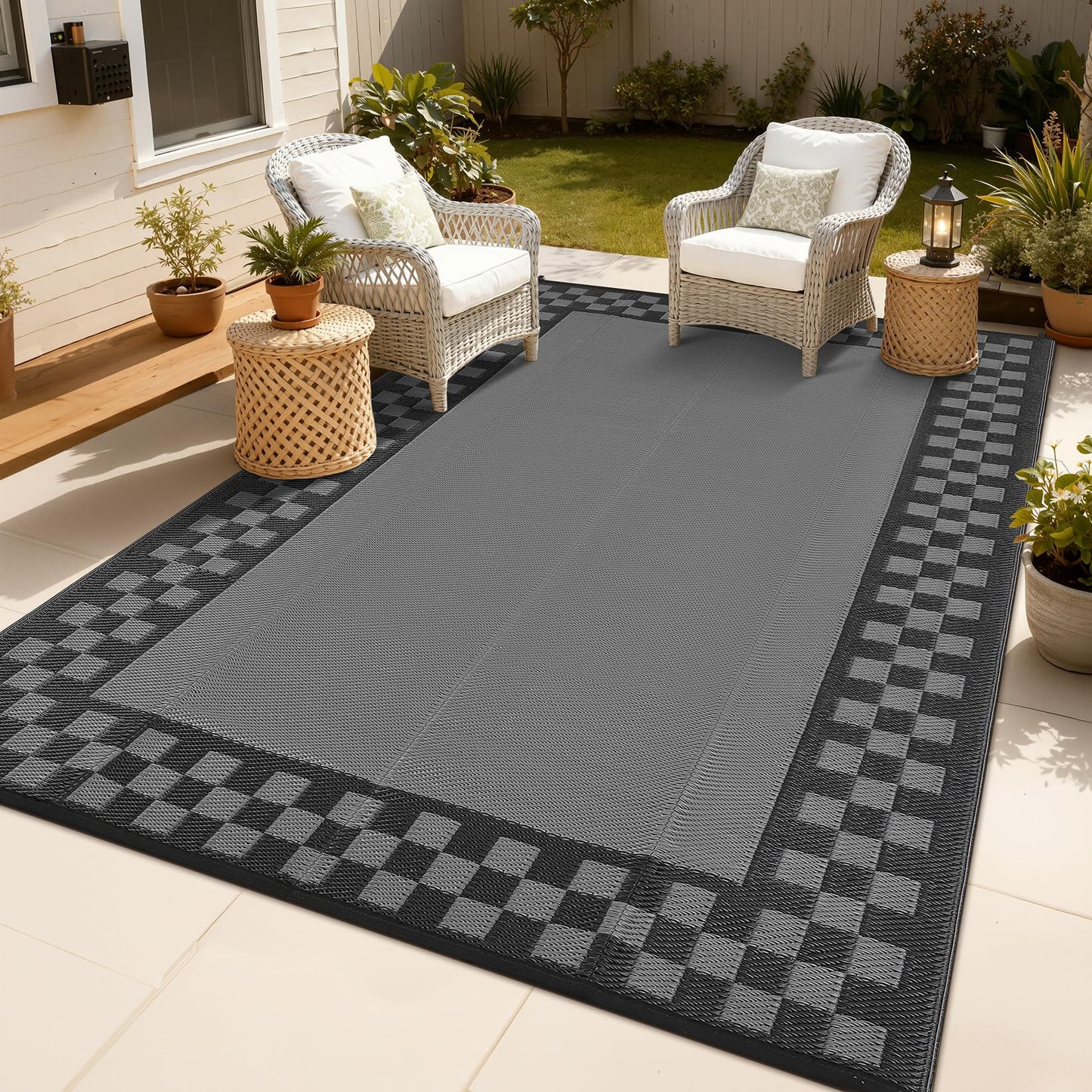 Checkered Outdoor Rug 8x10 Waterproof Modern Bordered Patio Rugs Plastic Straw Rug Large Indoor Outdoor Throw Carpets Reversible Mat for Picnic, Backyard, Rv, Beach, Deck, Camper, Balcony, Grey