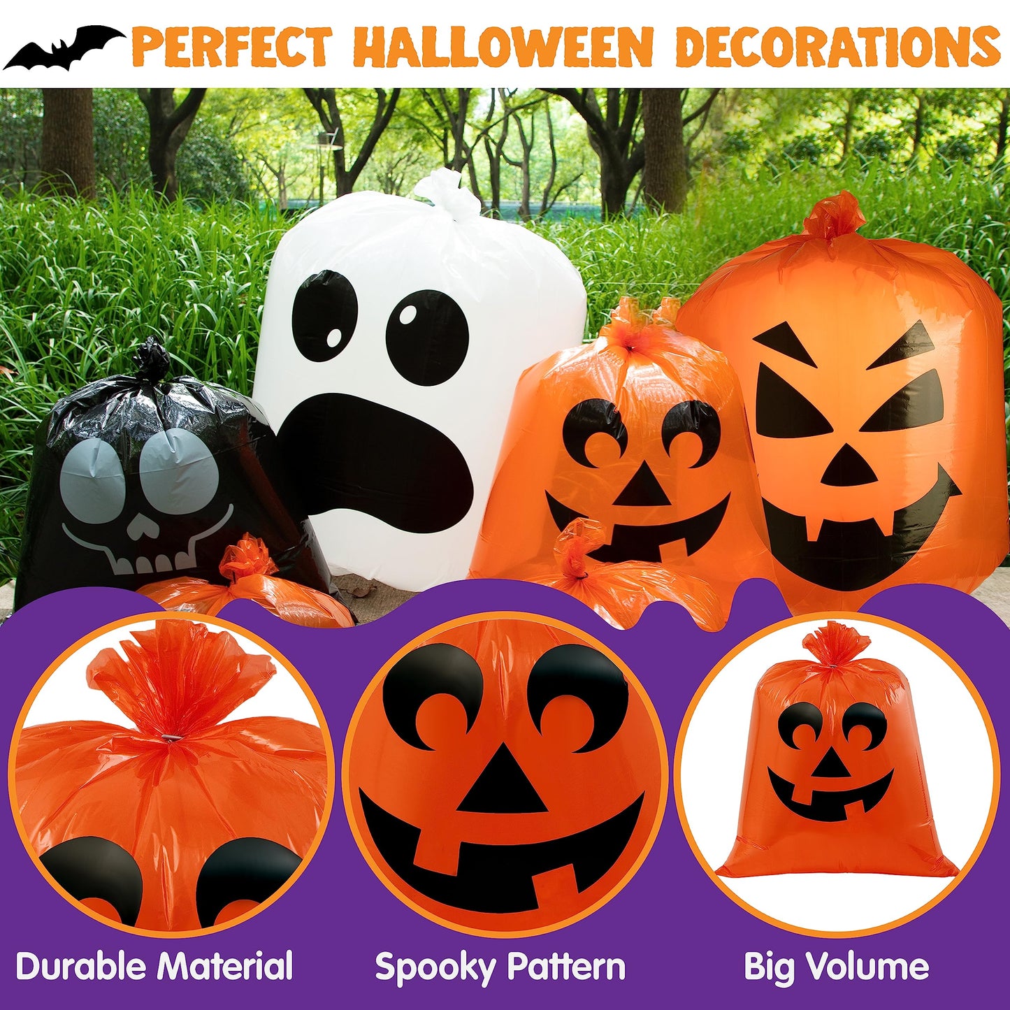 JOYIN 6 Pcs Halloween Leaf Bags, Pumpkin Leaf Lawn Bags for Yard Fall Leaf Outdoor Decorations, Plastic Resuable Jack o' Lantern Trash Bag for Halloween Decor Party Favors, Party Supplies