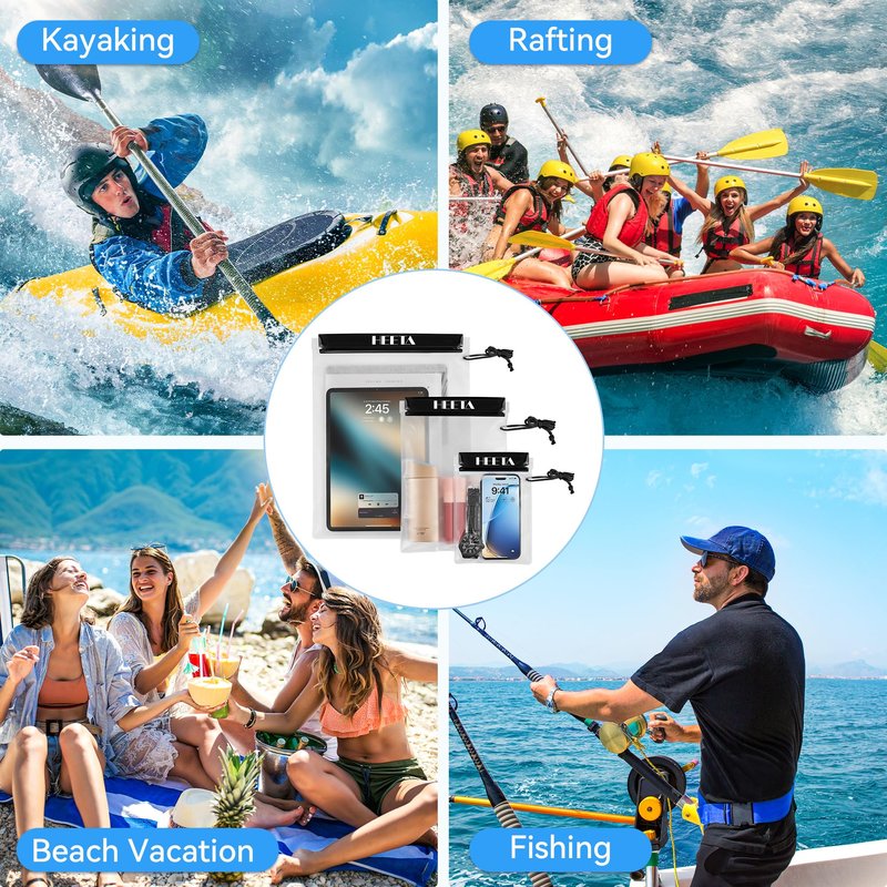 HEETA 3-Pack Clear Waterproof Dry Bag Pouch, Water Tight Cases Dry Bags Document Holder for Camera Mobile Phone Maps, Kayaking Boating (Black, Blue & Yellow)