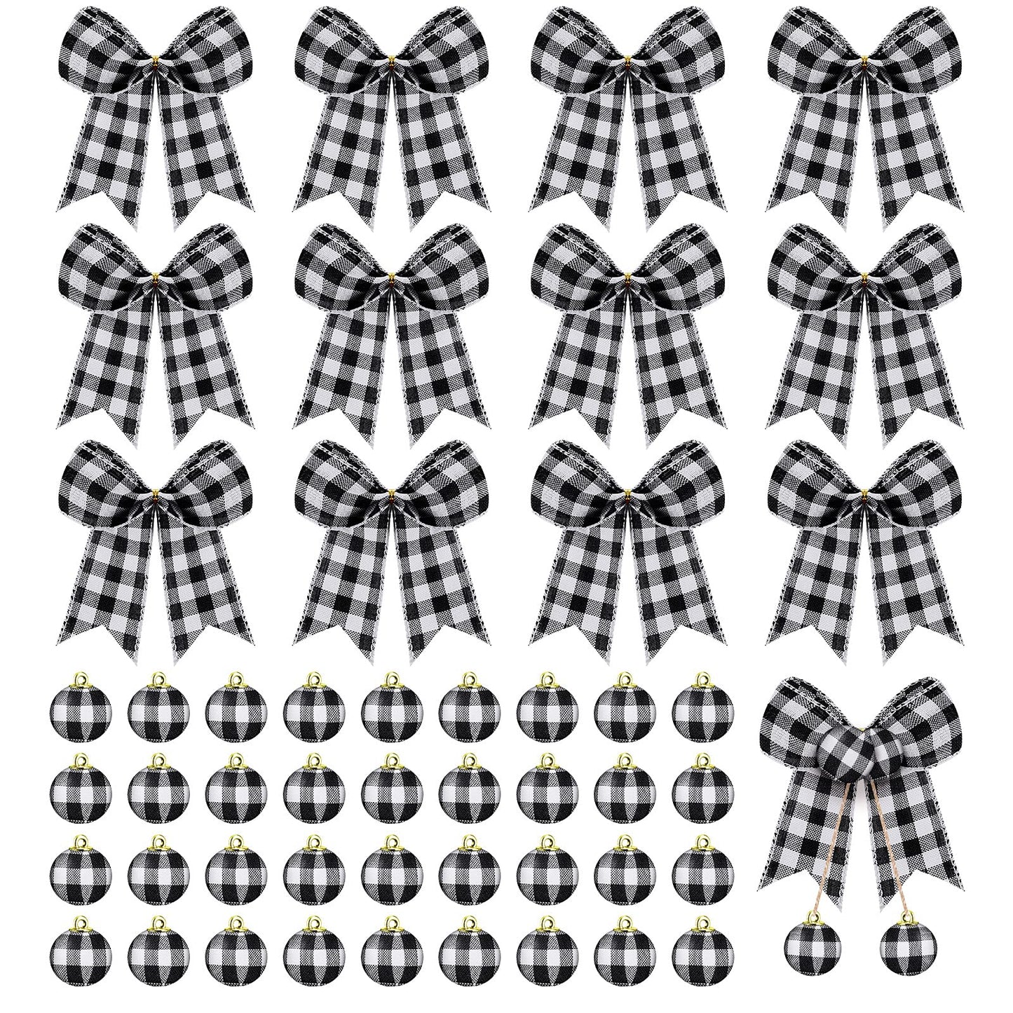 Chuangdi 36 Pcs Christmas Buffalo Plaid Ball Ornament and 12 Pcs Bow - Xmas Tree Hanging Decor for Holiday Farmhouse Party (Black and White, 5.9 Inch and 1 Inch)