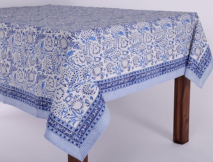 ATOSII Indigo Bloom 100% Cotton Spring Summer Tablecloth, Block Print Square Table Cover for Dining, Parties, Weddings, Outdoors, Grand Millenial Decor 60 X 60 Inches I 4 Seater