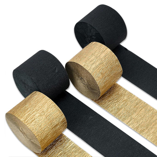 Captain Décor 4 Crepe Paper Streamers Rolls, 328ft Pack of 4 Gold and Black Streamers for Party Decorations, Birthday Streamers, Party Streamers for Wedding Decoration (1.8 inch x 82 ft/Roll)…