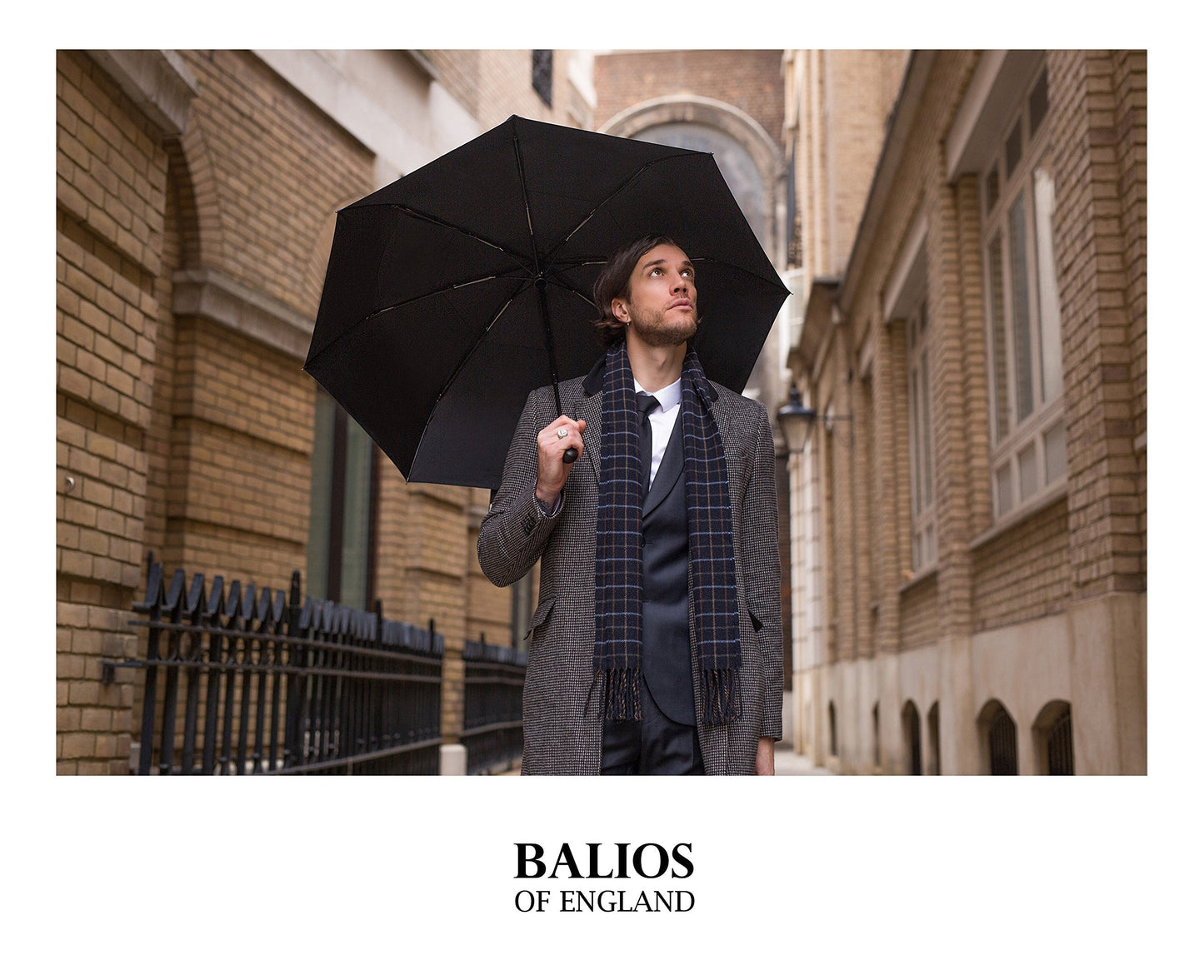 Balios Folding Umbrella Wood Handle Auto Open Close Vented Canopy Black