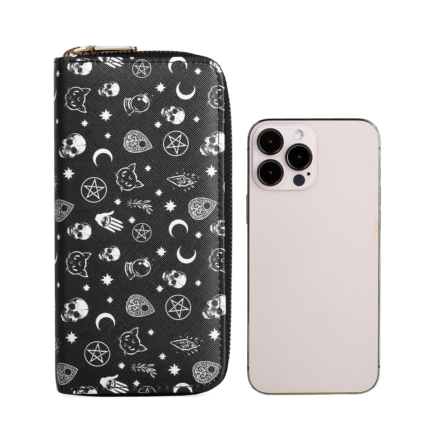 Nabegum Halloween Skull Wallets for Women Large Capacity 2 Zipper Around Gothic Wallet Ladies Goth Purse Credit Card Holder (Skull)