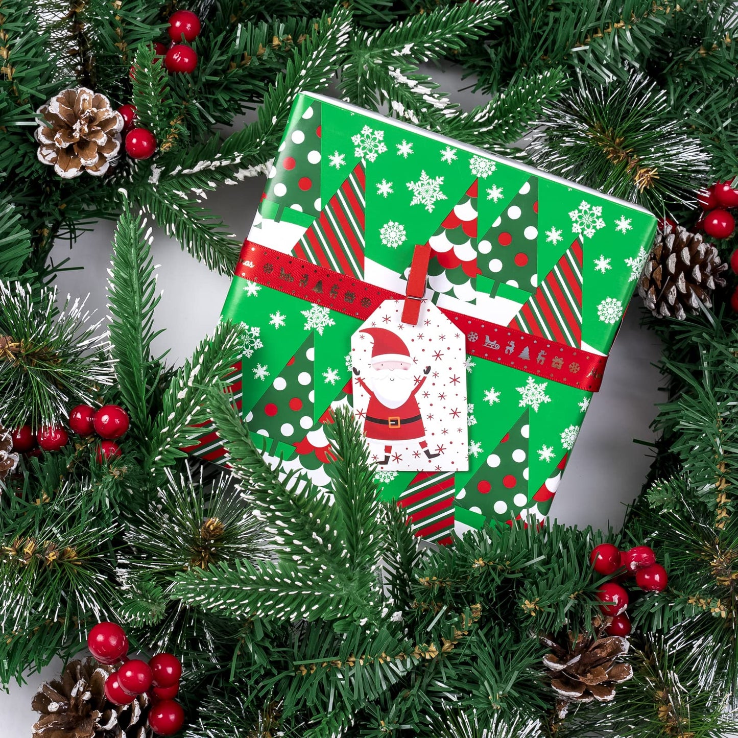 LeZakaa Christmas Wrapping Paper Jumbo Roll, Christmas Tree, Snowflakes in Red Retro Reversible Design for Festive Holiday, Family Gathering, 24 inches x 100 Feet