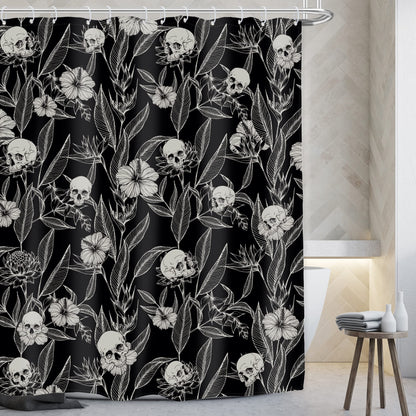 AMBZEK Black Skull Floral Shower Curtain 72Wx72L Inch Men Gothic Spooky Skeleton Goth Flower Leaves Halloween Cool Artwork Cloth Fabric Waterproof Polyester Bathroom Decor Set with 12 Pack Hooks