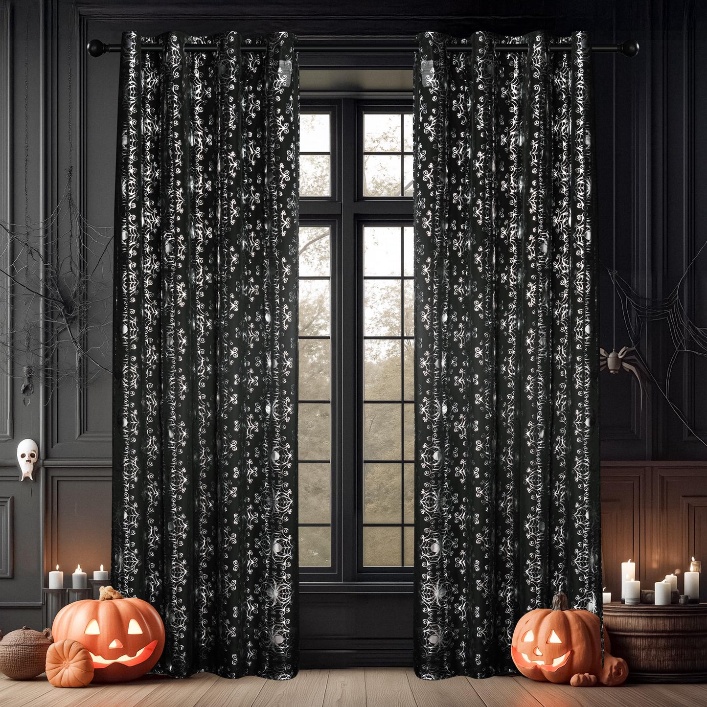 NICETOWN Black Sheer Halloween Curtains with Silver Spider Foil Print, Grommet Flowing Voile Sheer Window Treatment for Gothic Bedroom, W54 x L84, 2 Panels