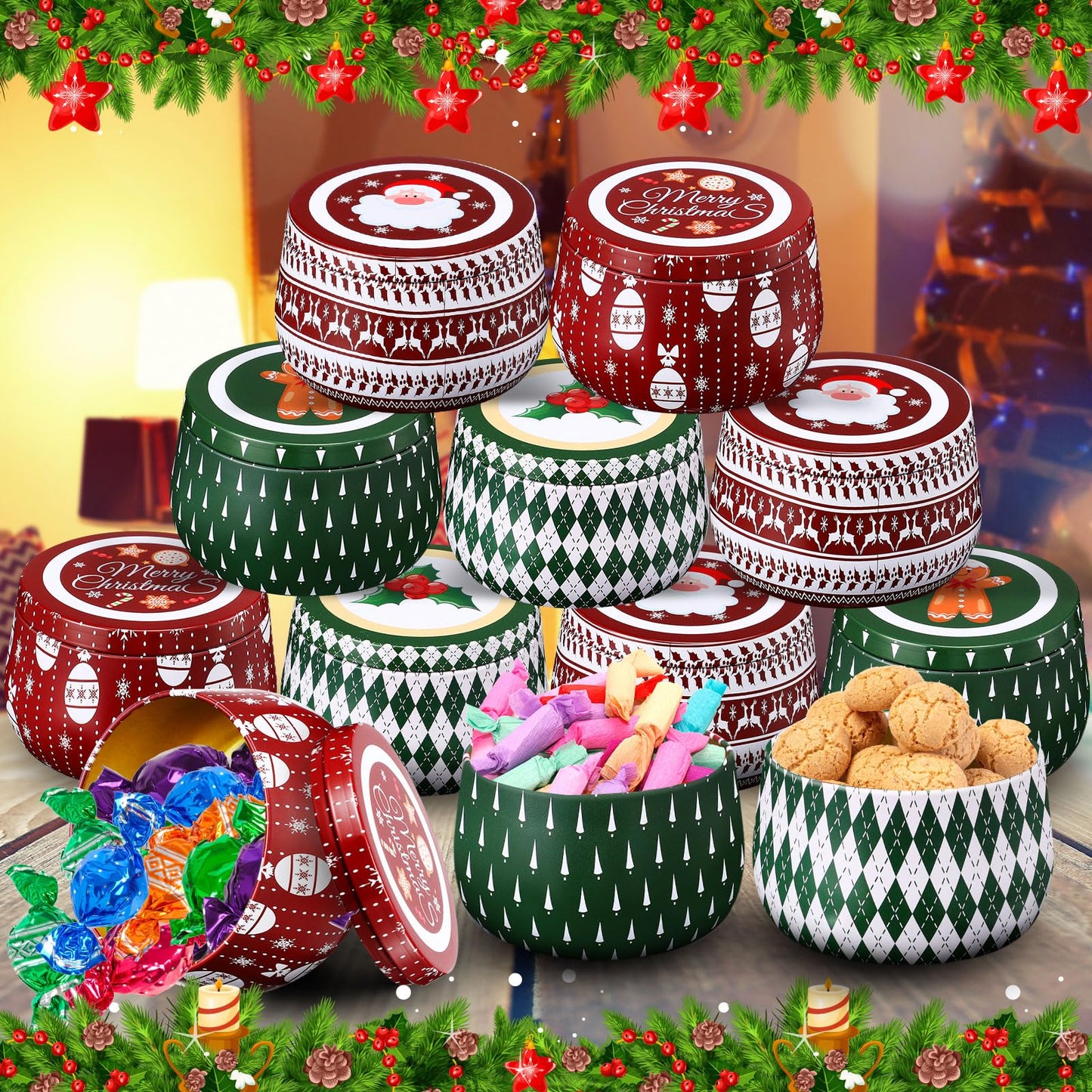 Yungyan Christmas Candle Tin Cans Set Metal Candles Tin Gifts Jars with Lids 8 oz Christmas Cookie Tins Candle Containers for Storing Biscuits Tea Party Favors(24 Pcs)