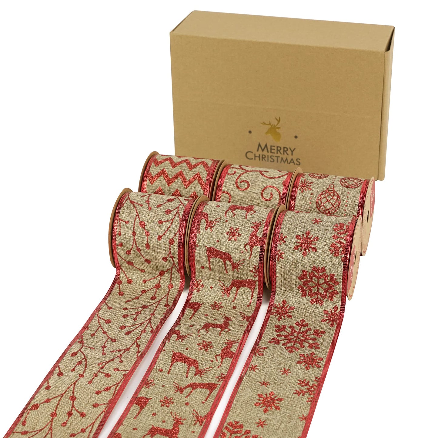 MEEDEE Christmas Ribbon Set - Wired Burlap 2.5 Inch 6 Rolls 36 Yards Red Glitter for Tree Garland, Wreaths, Tree Topper, Bow Making