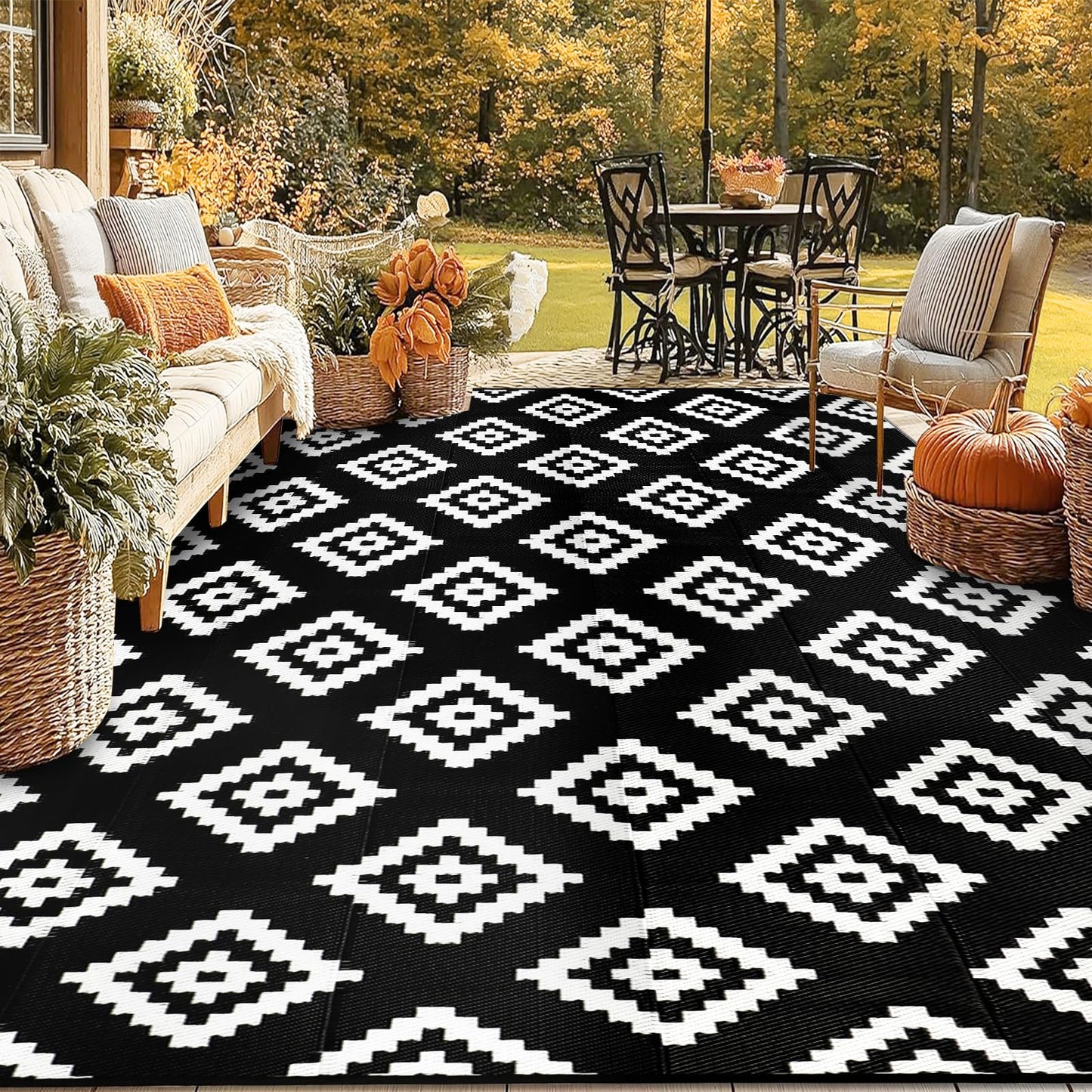 Homcomodar Outdoor Rug for Patio Waterproof 270x365cm Reversible Garden Rugs UV Resistant Camping Mat Plastic Straw Rug Outside Patio Rug for Yard Beach Picnic Deck(Black)
