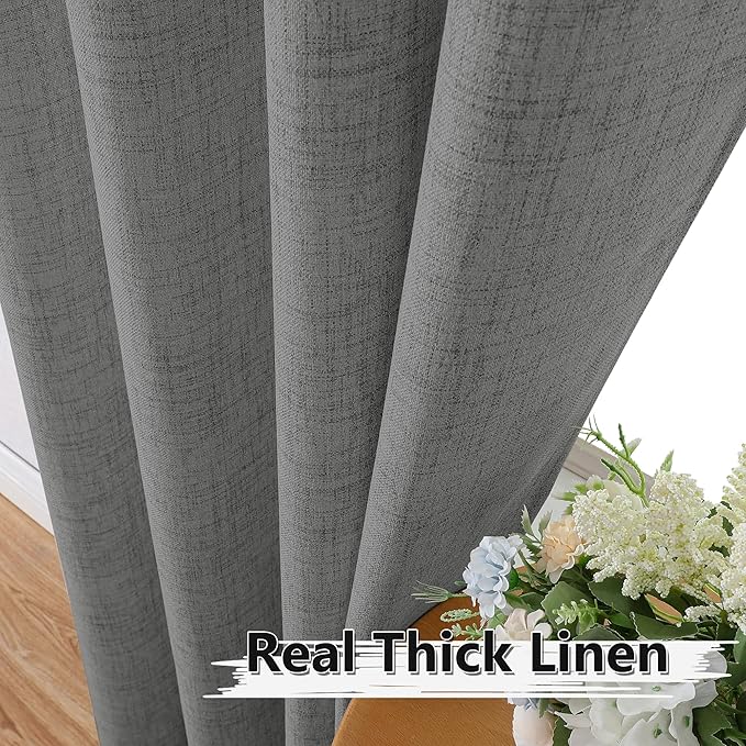 Tollpiz Linen Curtain Bedroom Rod Pocket Semi Sheer Curtains Burlap Light Filtering Thick Linen Drape for Living Room, 38 x 84 inches Long, Dark Grey, Set of 2 Panels
