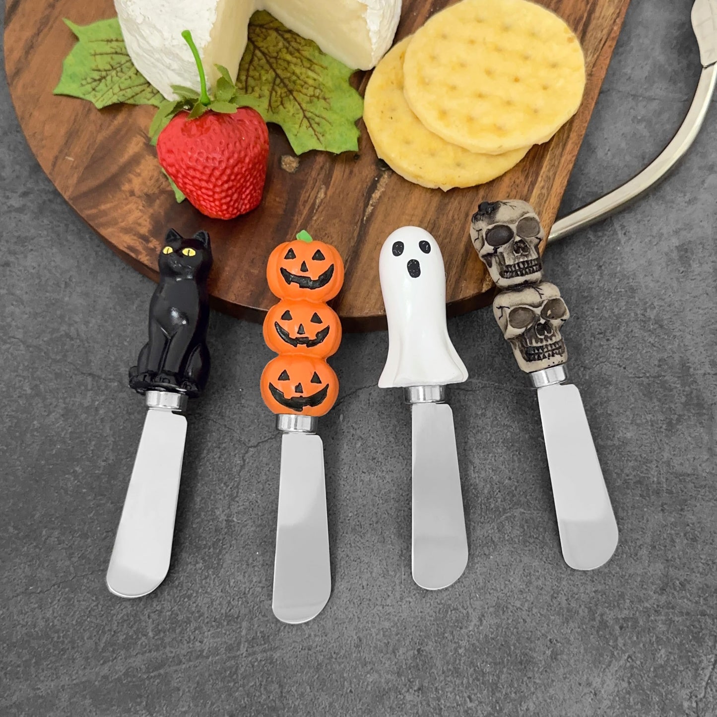 Supreme Housewares Halloween Themed Cheese Spreaders, Hand-Painted Resin Handles with Stainless Steel Blades for Spreading Cream Cheese, Butter, and Jam, Assorted Designs, Set of 4