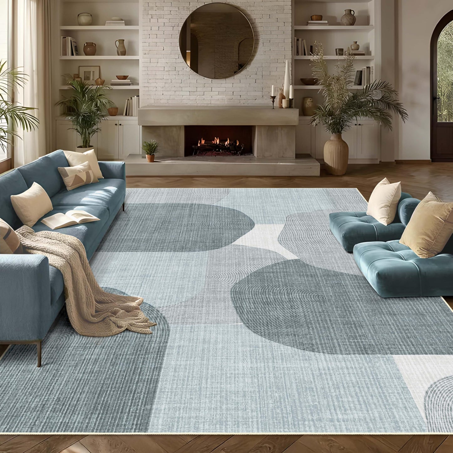 Castage Large Modern Area Rugs 8x10 Washable Rug for Living Room Bedroom Dining Room,Boho Abstract Geometric Non Slip Carpet,Blue Grey