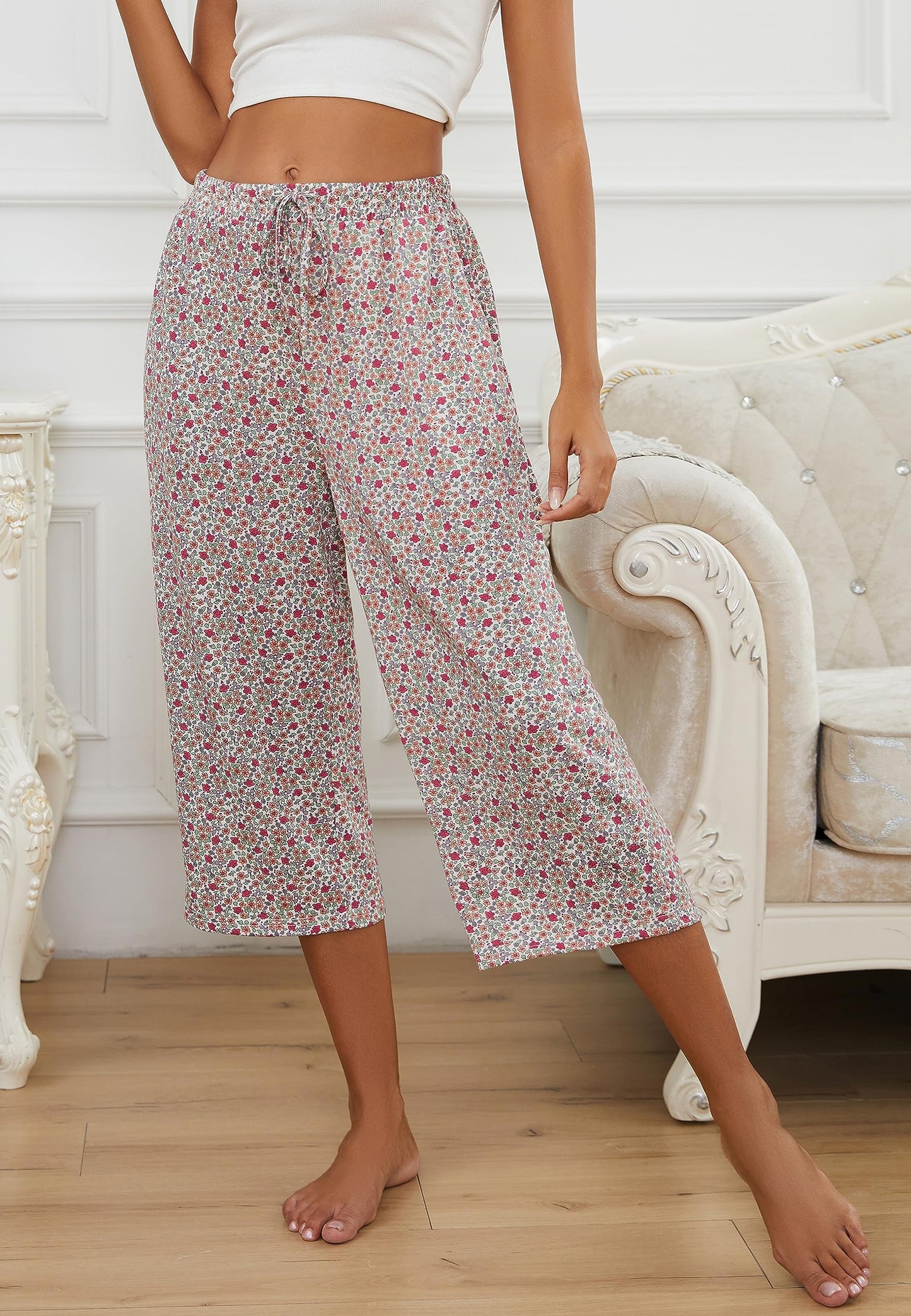 Kabento 2 Pack Womens Pajama Pants Capri Sleep Lounge Pants Drawstring Pj Bottoms with Pockets, Grey & Flowers, Large