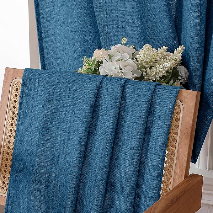Tollpiz Short Linen Tier Curtains Rod Pocket Semi Sheer Half Kitchen Curtain Burlap Light Filtering Thick Linen Drapes for Bathroom, 30 x 24 inches Long, Classic Blue, Set of 2 Panels