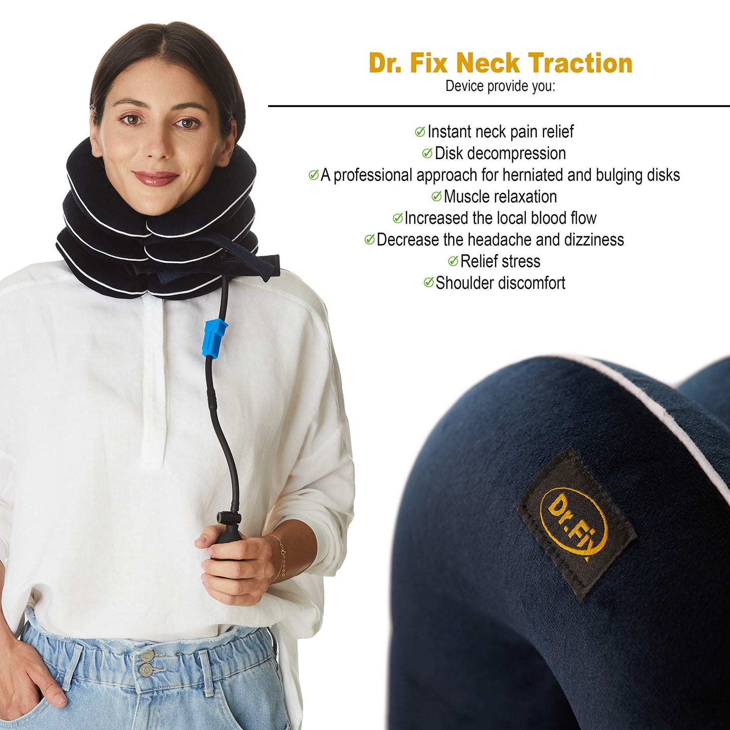 Dr Fix Cervical Neck Traction Device for Instant Neck Pain Relief at Home | Elastic Band (Dark Blue, 12-17)