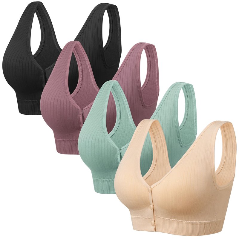 Angelhood Front Close Wireless Bras for Women, Smoothing Padded Bralette, Comfortable Snap Closing Bras, 4 Pack, Large