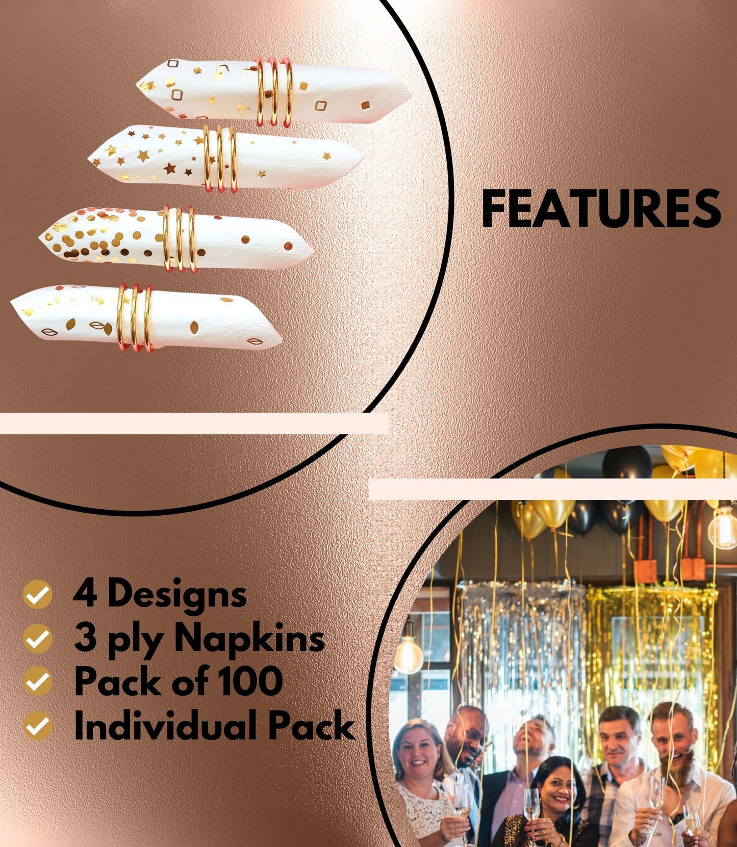 100 PK Gold Napkins - 4 Assorted Designs - 3-Ply Cocktail Napkins Folded 5 x 5 Inches Bar Napkins Disposable Party Napkins Paper Napkins Dinner for Wedding Baby Shower Birthday Graduation 2023