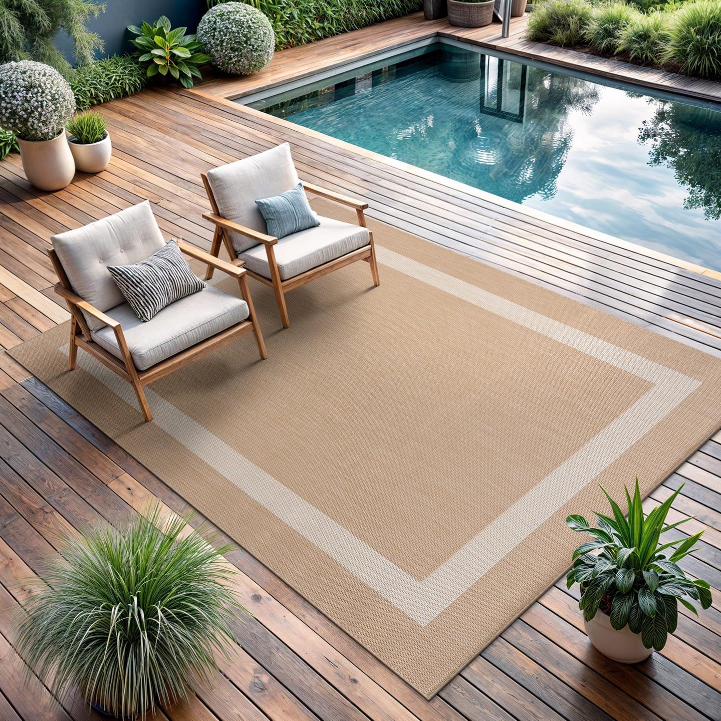 CAMILSON Outdoor Rug 5x7, Modern Outside Rugs for Patios Porches Waterproof Durable Washable Non-Shedding, Easy-to-Clean Indoor Outdoor Area Carpet (5 x 7, Bordered - Beige/White)