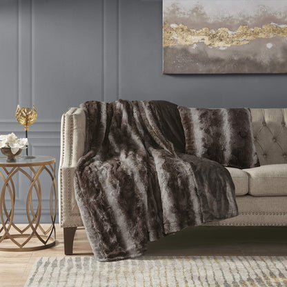 Madison Park Zuri Faux Fur Ombre Stripe Ultra Soft Luxury Decorative Throw Pillows, For Couch Bed With Insert, 20" x 20", Grey