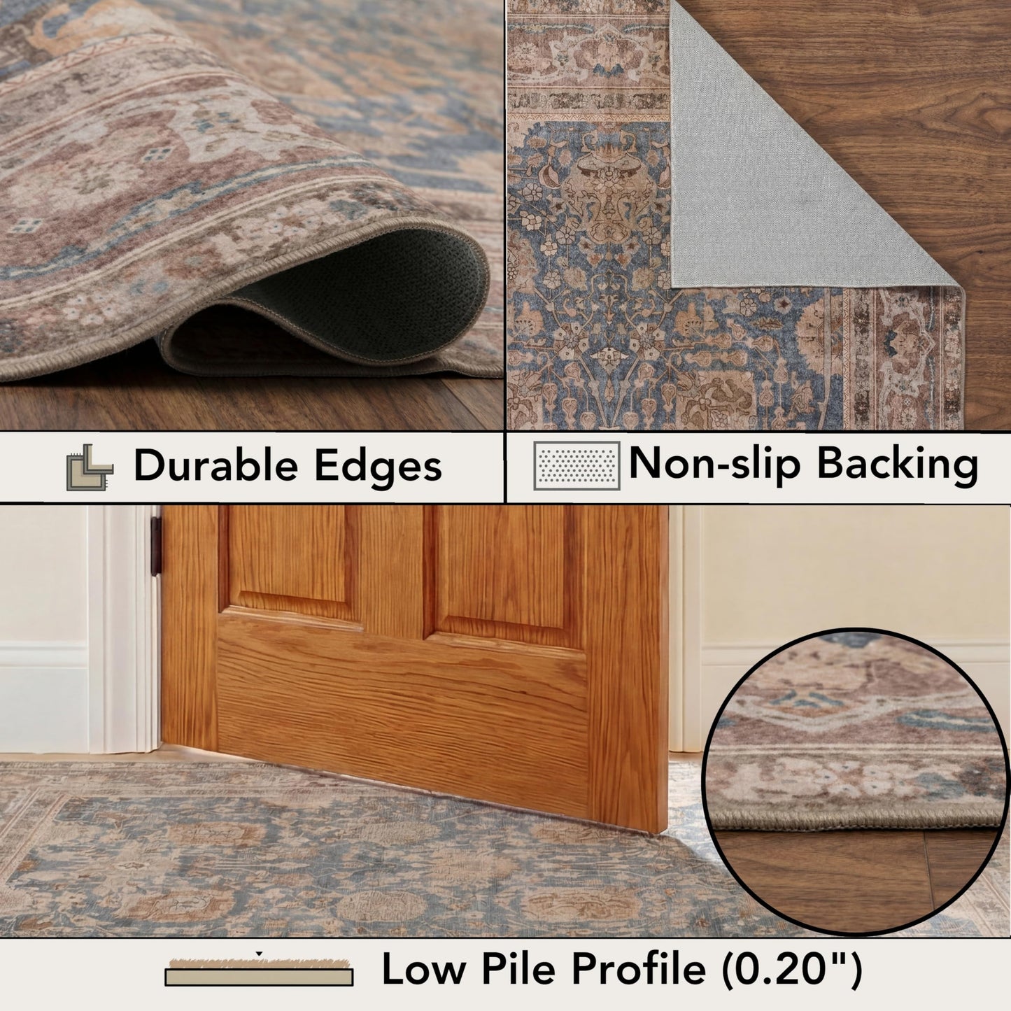 Kuden 9x12 Large Area Rug, Machine Washable Area Rug with Non-Slip Backing, Vintage Style, Soft, Easy Clean, Low Pile Rug for Living Room, Bedroom, Dining Room