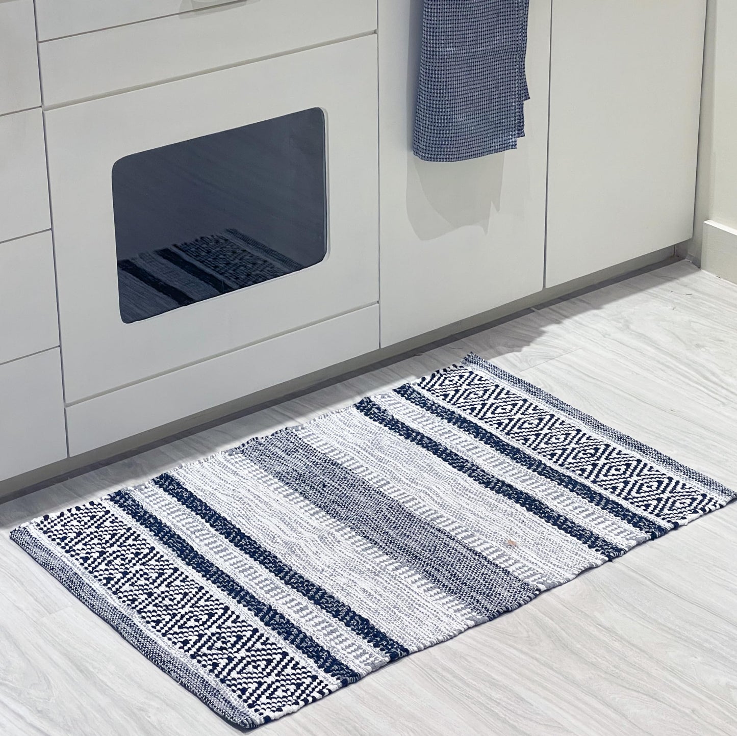 Chardin home Farmhouse Rug 24''x36'' Grey-Navy | Recycled Cotton Hand Woven Rug, Long Boho Rug | Perfect for Hallways, Kitchens, Bathroom, bedrooms, Meditation Yoga Mat | Machine Wash