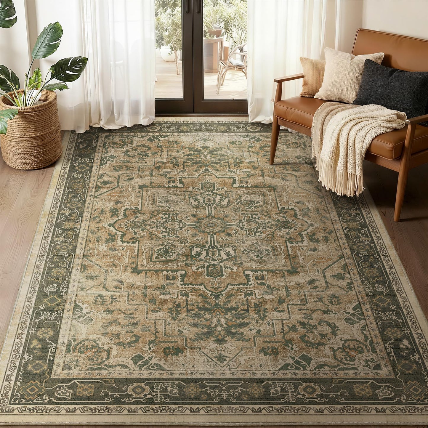 Jainmy Vintage Distressed 5x7 Area Rugs for Living Room Bedroom Non Slip Washable, Medallion Pattern Printed Low Pile Thin Carpet Rugs for Dining Room/Kitchen/Home Office, Multi Brown Olive Accents