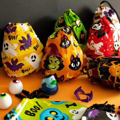 JOYIN 60PCS Halloween Drawstring Goody Treats Bags for Halloween Trick or Treating, Plastic Candy Goodie Bags Bulk for kids Party Favor Supplies, School Classroom Exchange Gifts in 12 Designs