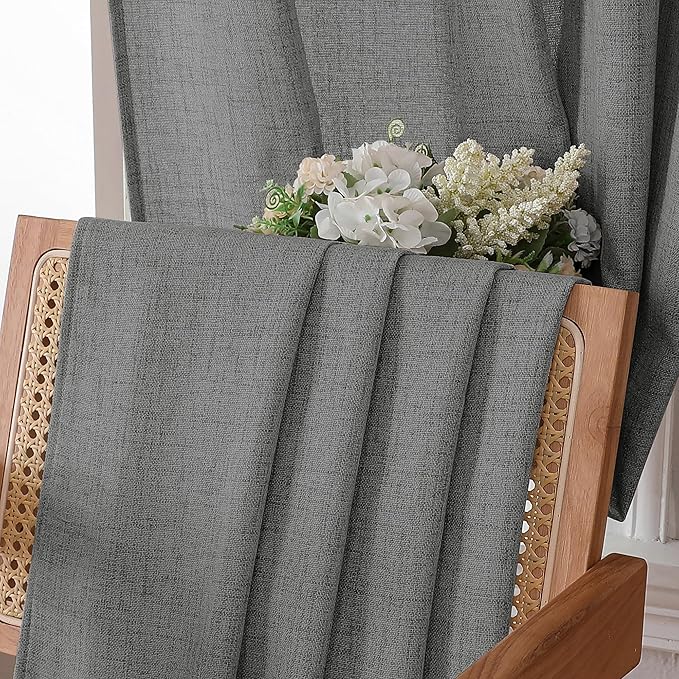 Tollpiz Short Linen Curtain Bedroom Rod Pocket Semi Sheer Curtains Burlap Light Filtering Thick Linen Drape for Living Room, 38 x 54 inches Long, Dark Grey, Set of 2 Panels