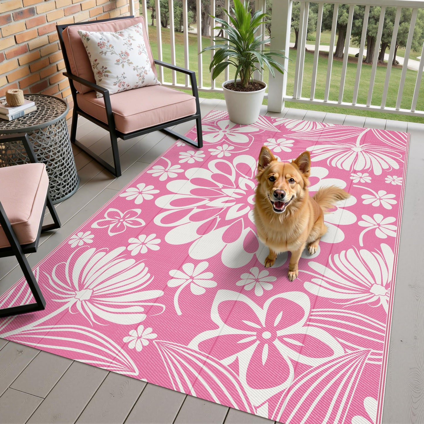Ileading Outdoor Patio Rug, Pink Floral Reversible Outdoor Rug, Waterproof Plastic Straw Mat, Portable Outside Deck Area Rug, Camping RV Carpet for Porch Balcony (5×8 ft)