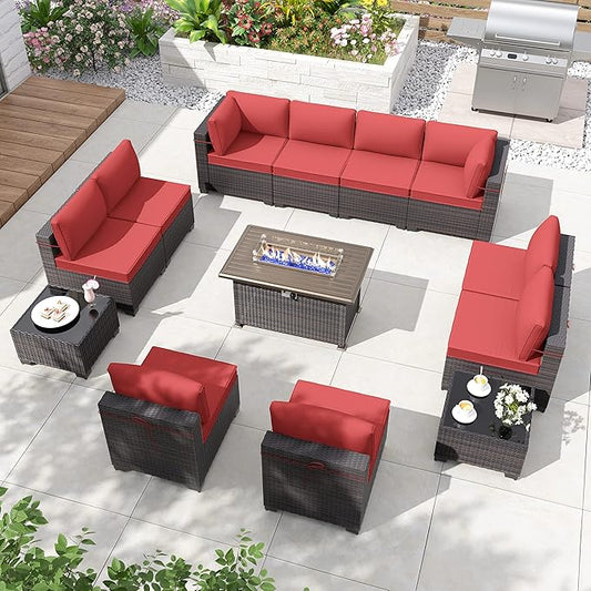 ALAULM 13 Pieces Patio Furniture Set with Fire Pit Table Outdoor Sectional Sofa Sets Outdoor Furniture 43" Gas Fire Pit CSA Approved PE Rattan Patio Conversation Set w/10 Seat Cushions (Red)